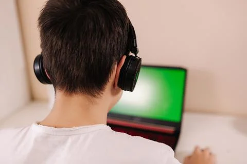 Back view of young boy play game on laptop. Green screen. Steamer in earphones Foto stock
