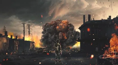 Back view of young boy in the ruined city and explosion on the background. Stock Illustration