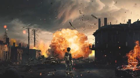 Back view of young boy in the ruined city and explosion on the background. Stock Illustration