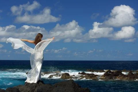Back view of young bride with white wings of wedding dress on rock sea shore Foto stock