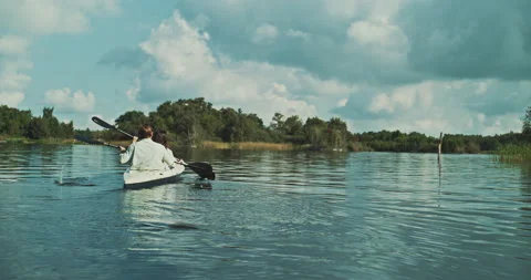 Back view of young couple paddling away in a canoe Stock Footage 221318826