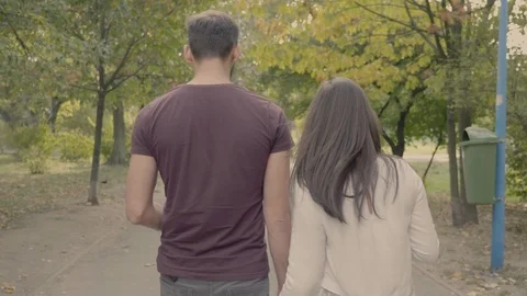 Back view of young couple walking in park Stock Footage 97450981