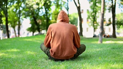 Back view of young freelance business man using laptop while resting on green 스톡 동영상 139750375
