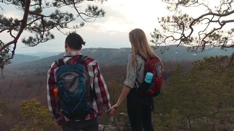 Back view of young hikers on the top of the hill, holding their hands Video stock 73873644