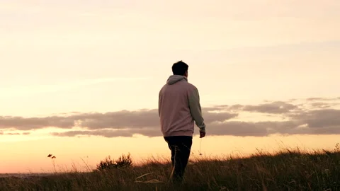 Back view. young lonely guy walks at sunset Vídeos de archivo 162263450