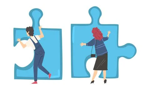 Back View of Young Man and Woman Solving Jigsaw Puzzle Vector Set Stock Illustration
