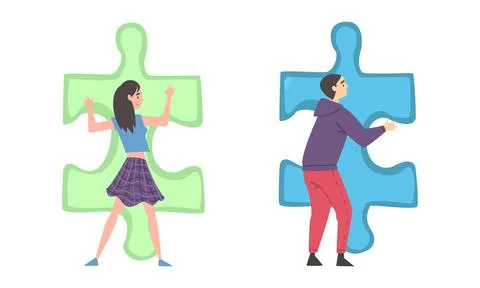 Back View of Young Man and Woman Solving Jigsaw Puzzle Vector Set Stock Illustration