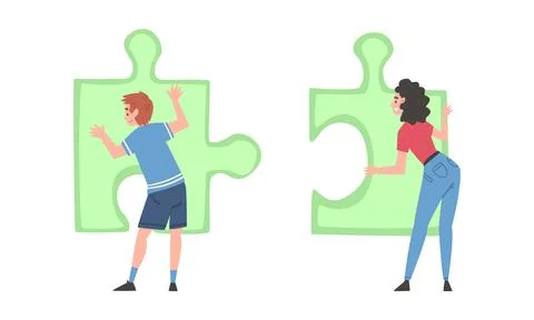 Back View of Young Man and Woman Solving Jigsaw Puzzle Vector Set Stock Illustration