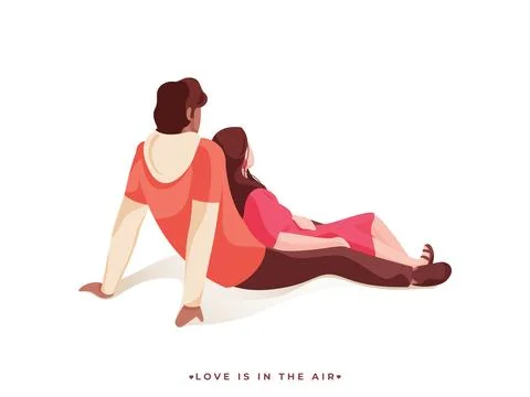 Back View of Young Man and Woman Sitting on White Background. イラスト素材