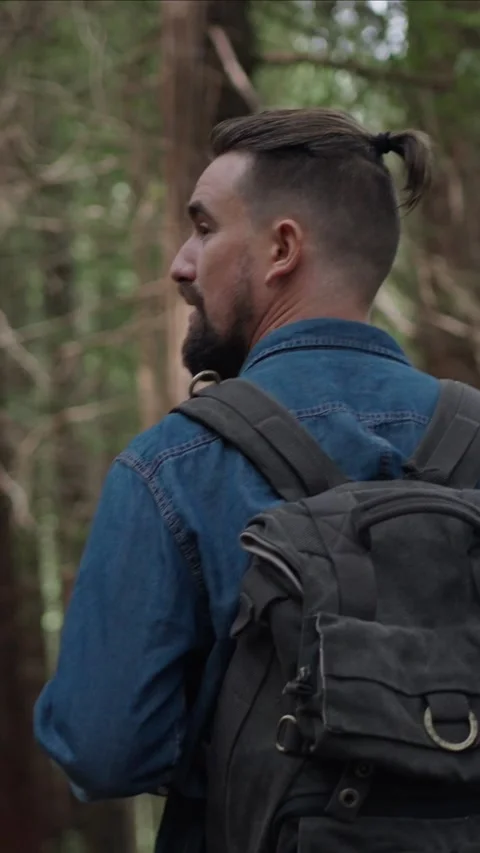 Back view of a young man with backpack walking across mountain woodland Stock Footage 272527701