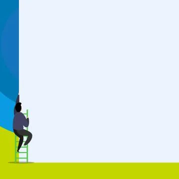 Back view young man climbing up staircase lying big blank rectangle. Colored Illustrazione stock