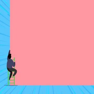 Back view young man climbing up staircase lying big blank rectangle. Colored イラスト素材