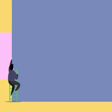Back view young man climbing up staircase lying big blank rectangle. Colored Stockillustratie