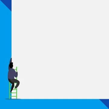 Back view young man climbing up staircase lying big blank rectangle. Colored 스톡 일러스트