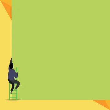 Back view young man climbing up staircase lying big blank rectangle. Colored Illustrazione stock