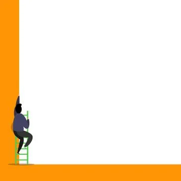 Back view young man climbing up staircase lying big blank rectangle. Colored Illustrazione stock