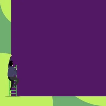 Back view young man climbing up staircase lying big blank rectangle. Colored Illustrazione stock