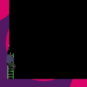 Back view young man climbing up staircase lying big blank rectangle. Colored Illustrazione stock