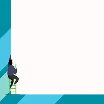 Back view young man climbing up staircase lying big blank rectangle. Colored Illustrazione stock