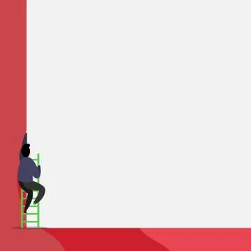Back view young man climbing up staircase lying big blank rectangle. Colored イラスト素材