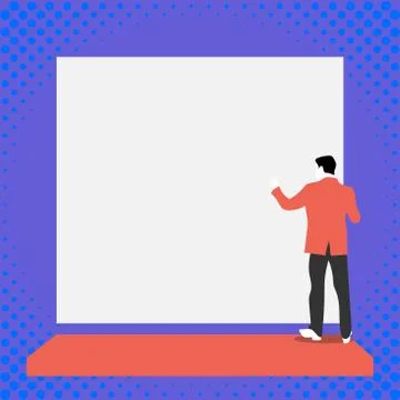 Back view young man dressed suit standing platform facing big blank rectangle Stock Illustration