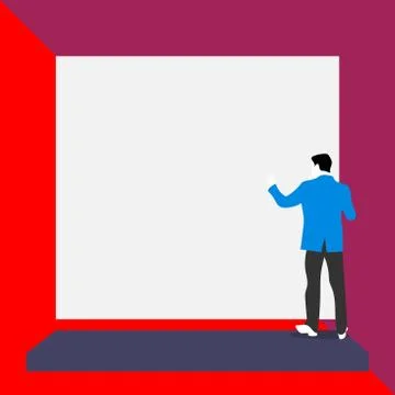 Back view young man dressed suit standing platform facing big blank rectangle Stock Illustration