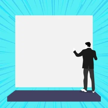 Back view young man dressed suit standing platform facing big blank rectangle Stock Illustration