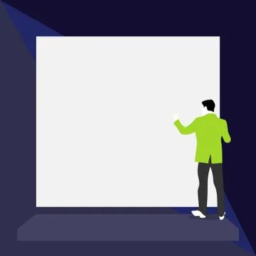 Back view young man dressed suit standing platform facing big blank rectangle Stock Illustration