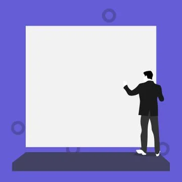 Back view young man dressed suit standing platform facing big blank rectangle Stock Illustration