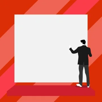 Back view young man dressed suit standing platform facing big blank rectangle Stock Illustration