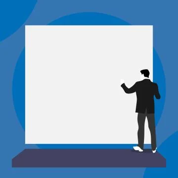 Back view young man dressed suit standing platform facing big blank rectangle Stock Illustration