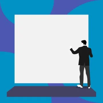 Back view young man dressed suit standing platform facing big blank rectangle Stock Illustration