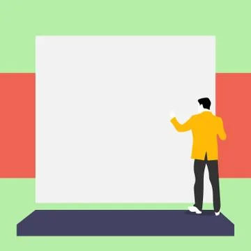 Back view young man dressed suit standing platform facing big blank rectangle Stock Illustration