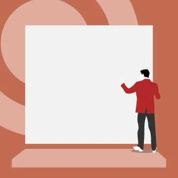 Back view young man dressed suit standing platform facing big blank rectangle Stock Illustration