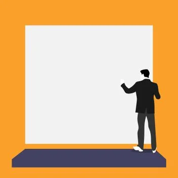 Back view young man dressed suit standing platform facing big blank rectangle Stock Illustration