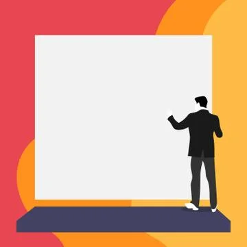 Back view young man dressed suit standing platform facing big blank rectangle Stock Illustration