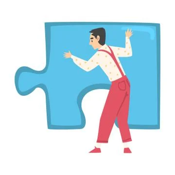 Back View of Young Man Solving Jigsaw Puzzle, Person Trying to Connect Blue Illustrazione stock