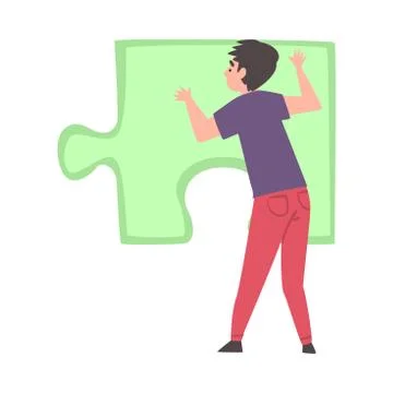 Back View of Young Man Solving Jigsaw Puzzle, Guy Trying to Connect Big Green Illustrazione stock