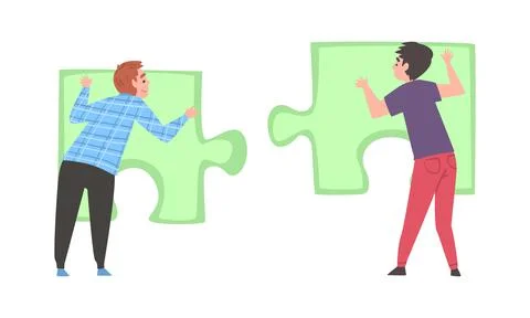 Back View of Young Man Solving Jigsaw Puzzle Vector Set Stock Illustration