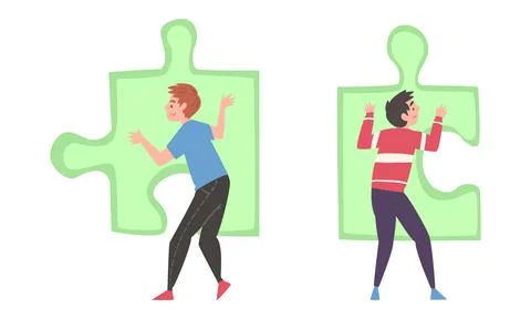 Back View of Young Man Solving Jigsaw Puzzle Vector Set Stock Illustration