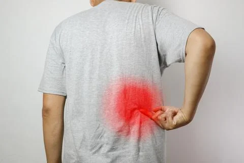 Back view of young man suffering from lower back pain with kidney shape, ch.. Stock Photos
