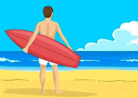 Back view of young man with a surfboard looking into the distance Stock Illustration