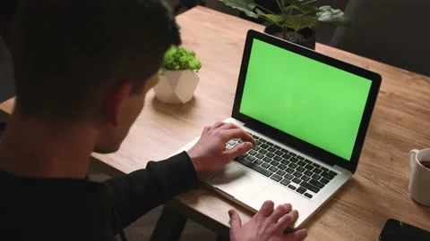Back view. Young man using green screen chromakey laptop, man typing on laptop Stock Footage 148384532