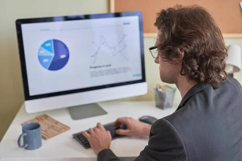 Back view of young man using computer at desk in office and analyzing data Foto stock