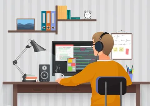 Back view of young man wearing headphones sitting at thew desk vector Stock Illustration