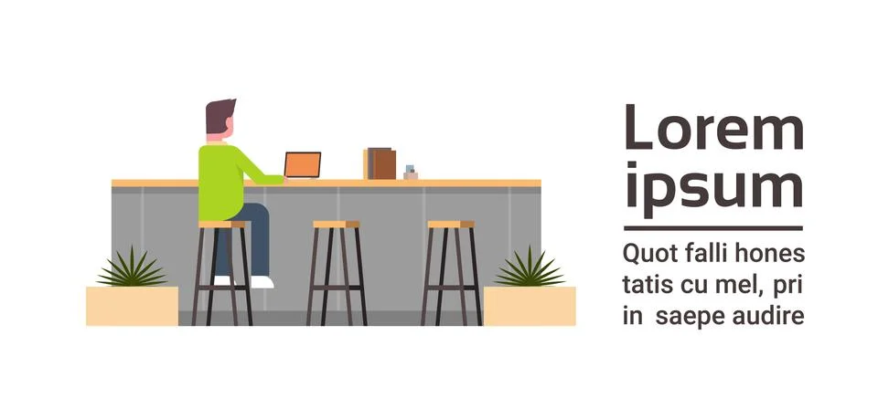 Back View Of Young Man Working On Computer Laptop Sitting At Counter Desk In Stock Illustration