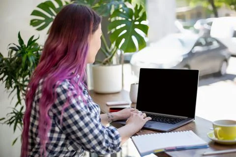 Back view of a young pink hair woman keyboarding on laptop computer with blank Stock Photos