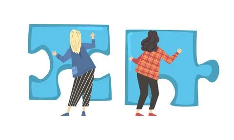 Back View of Young Woman Solving Jigsaw Puzzle Vector Set Stock Illustration