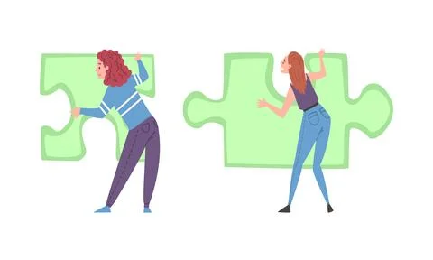 Back View of Young Woman Solving Jigsaw Puzzle Vector Set Stock Illustration