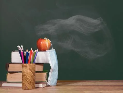 Back to virtual school background concept with stack of books and apple with Stock Photos